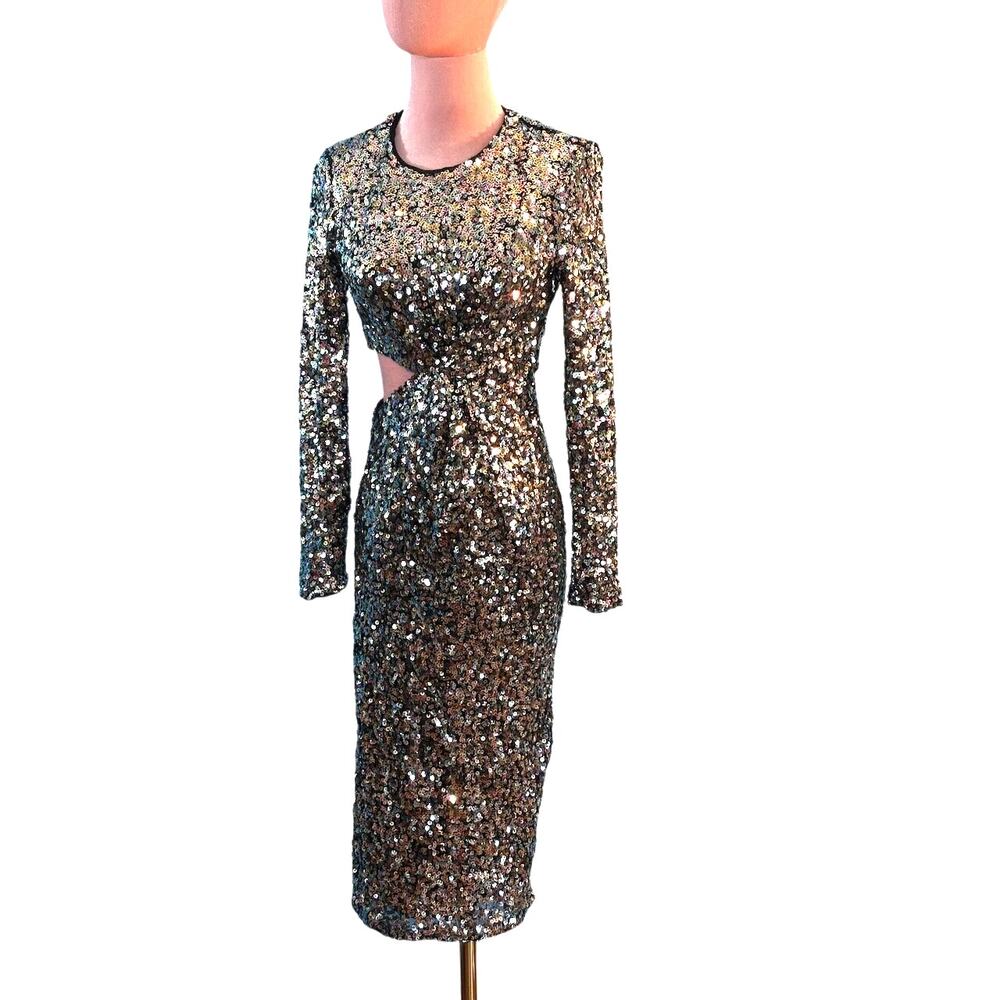 NWOT ASTR SYLVINA Special Occasion Dress Midi Black Rainbow Sequined Lined XS
